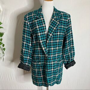 Vintage Teal White and Black Houndstooth Plaid Blazer Large
